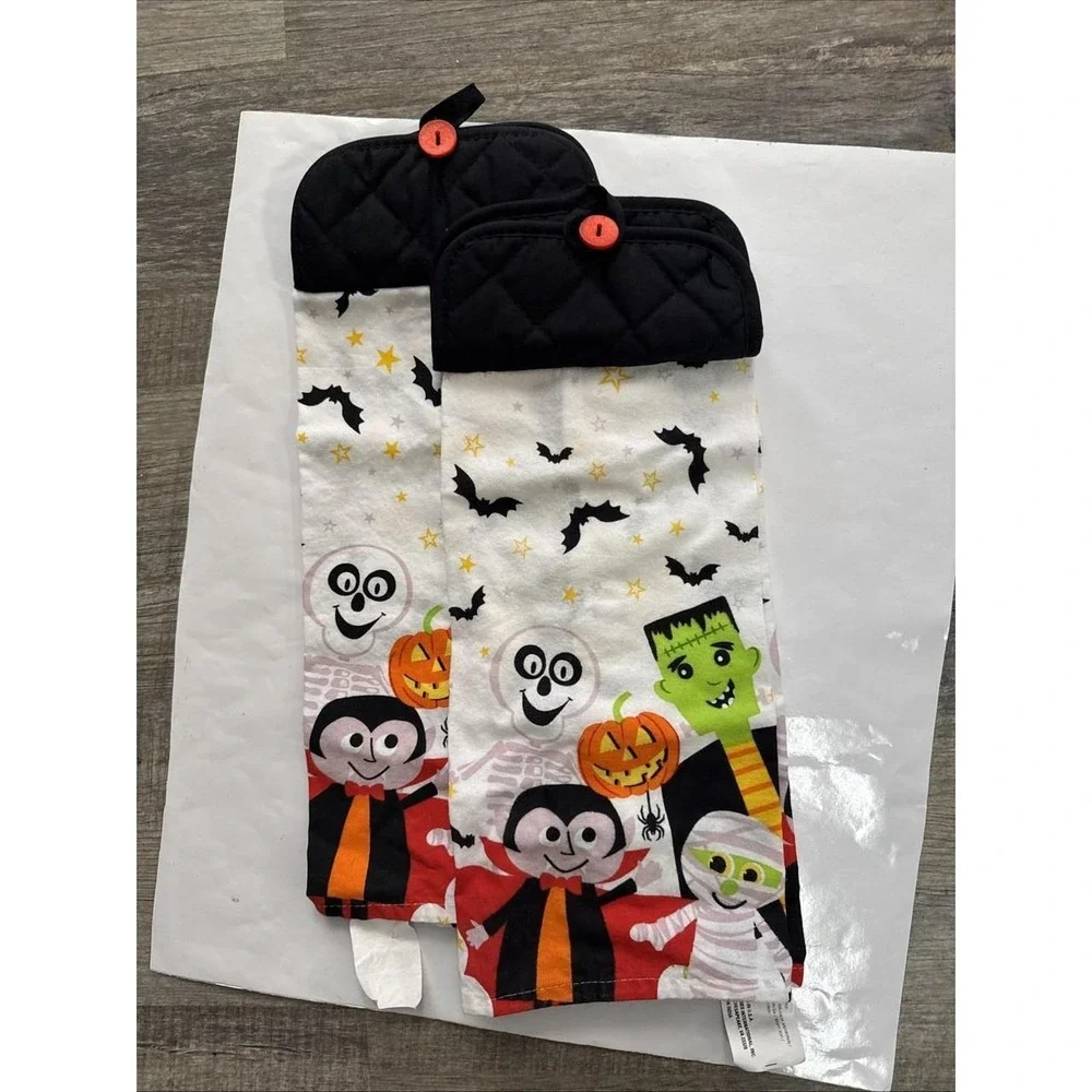 Halloween Monster Hanging Kitchen Towel Set Frankenstein Dracula Mummy 2pc